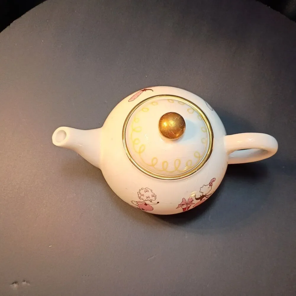Vintage Paul Cardew French Poodle Teapot & Lid, MCM Pink Deco, England, 18K Gold